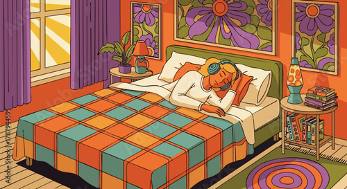 Groovy 70s-inspired bedroom scene depicting a person in bed with headphones, journaling, and a lava lamp glowing, evoking a sense of retro relaxation and creative contemplation