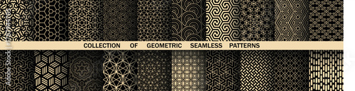 Geometric set of seamless black and golden patterns. Simple vector graphics