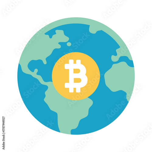 Bitcoin symbol on a world map, representing the global reach of cryptocurrency isolated on white background