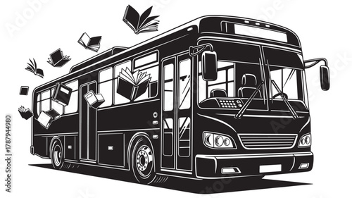 Embark on a literary journey with this whimsical bus, books flying through the air in a celebration of reading and knowledge, perfect for educational projects and creative designs