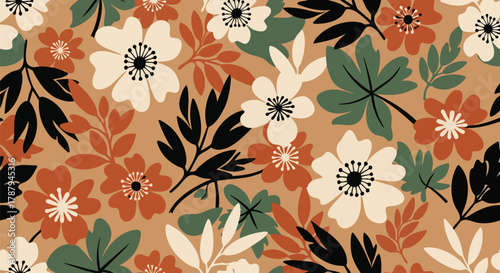 Seamless floral pattern with a vintage aesthetic featuring blooming flowers and falling leaves on a warm, earthy background