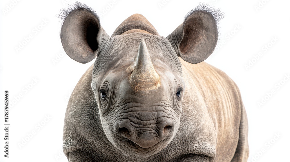 Obraz premium A young black rhinoceros poses against a clean white background for a conservation portrait