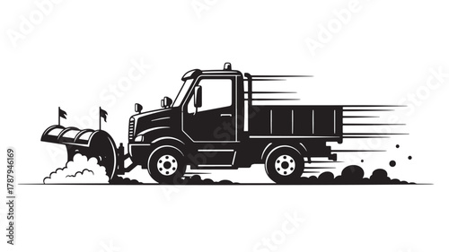 Powerful snowplow truck clearing roads quickly in winter storm, keeping communities safe with essential services, dynamic illustration perfect for transportation designs