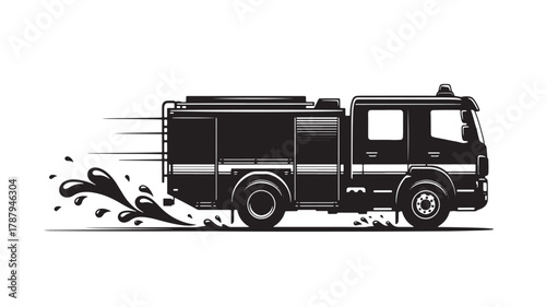 Dynamic fire truck rushing to emergency with water splashing, conveying urgency and rapid response for critical situations and heroic action