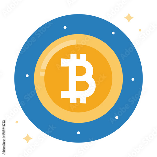 Bitcoin cryptocurrency coin with blue circle isolated on white background is sparkling