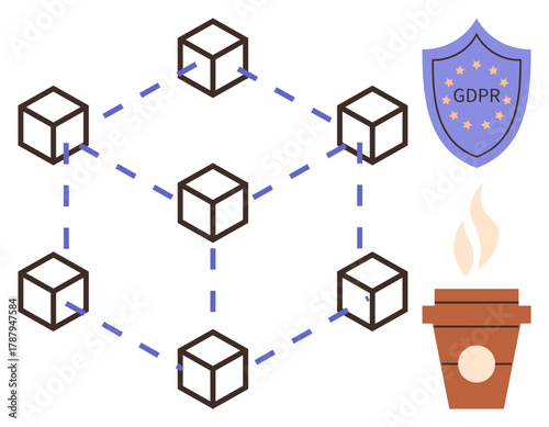 Interconnected blocks in blockchain network, GDPR shield for legal compliance, coffee cup symbolizing relaxation. Ideal for technology, privacy, data protection, compliance, innovation, governance