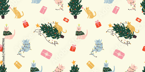 Christmas cats seamless pattern. Cute kittens with tree and gifts