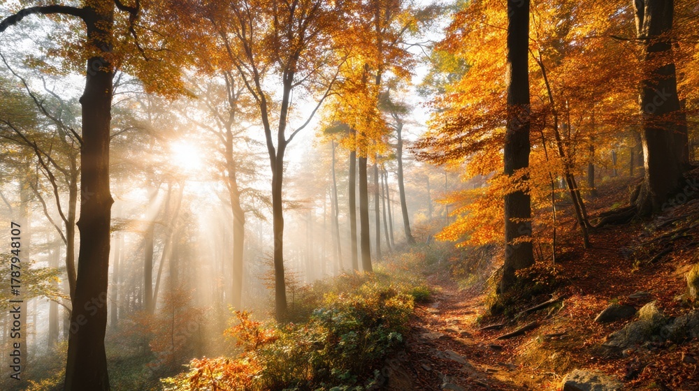 Obraz premium Serene Autumn Forest with Golden Leaves and Sunlight Radiating Through Misty Air in Tranquil Wilderness Setting