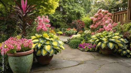 Sammamish Washington A spring garden featuring large pots of hosta impatiens and caladium