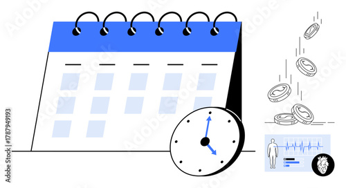 Calendar with spiral binding and clock emphasizing scheduling, coins representing financial planning, and health metrics insights. Ideal for time tracking, budgeting, deadlines, productivity