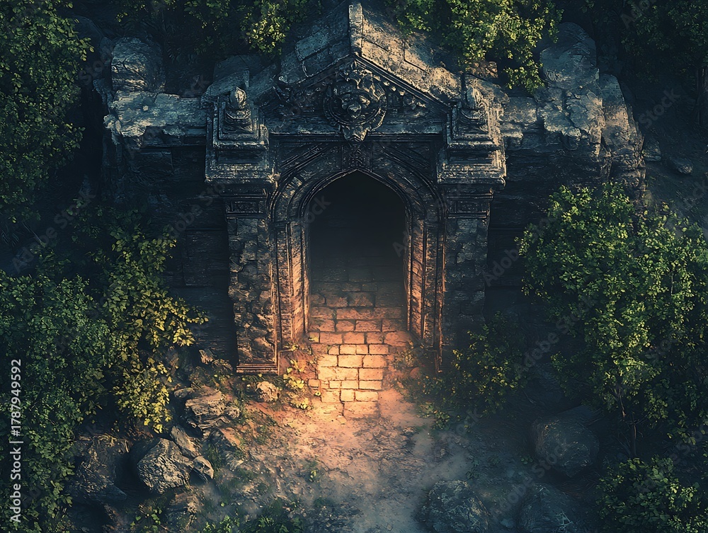 Fototapeta premium Mysterious stone structure entrance with overgrown greenery in a fantasy setting