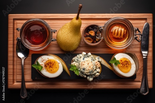 Artfully arranged gourmet food platter featuring soft boiled eggs, blue cheese, fresh pear, honey, and fragrant spices crafted to elevate culinary experience and taste exploration