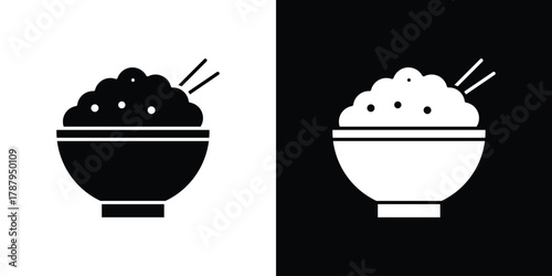 Rice bowl icon in solid silhouette set. Vector Illustration.
