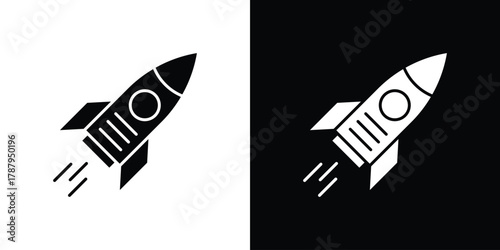 Rocket launch icon in solid silhouette set. Vector Illustration.