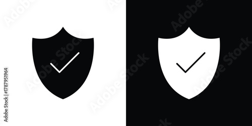 Shield check icon in solid silhouette set. Vector Illustration.