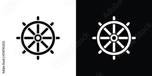 Ship wheel icon in solid silhouette set. Vector Illustration.