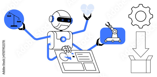 Robot with multiple arms balancing scales, heart, robotic arm, gear, documents, and download. Ideal for technology, AI automation efficiency innovation ethics sustainability. Simple flat