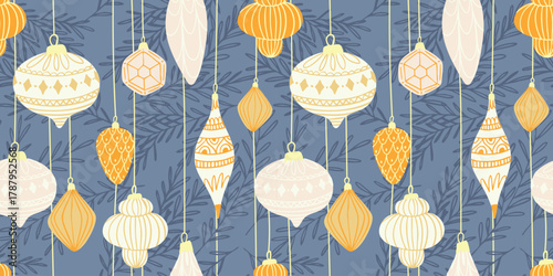 Christmas ornaments seamless pattern. Gold and white baubles on blue background