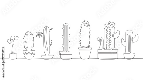 Continuous Line Drawing of Vector Set of Cute Cactus Black and White Sketch House Plants Isolated on White Background. Potted Cactus Family One Line Hand Drawn Illustration