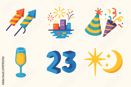 Isometric Festive Icons. Festive Fireworks Celebration modern flat icon set: exploding rockets, skyline reflection, party hat, confetti popper, champagne flute, countdown numbers,