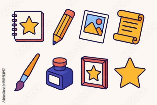 Colorful Creative Tools. Illustrated Tales modern flat icon set: sketchbook, pencil, photo, scroll, paintbrush, ink bottle, frame, star.