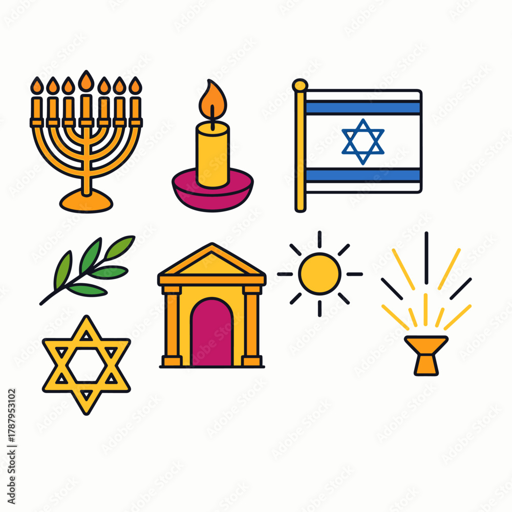 Fototapeta premium Holy Menorah Symbols. Holy Menorah Ceremony modern flat icon set: menorah, candlelight, Israeli flag, olive branch, star, temple gate, glow, light ray.