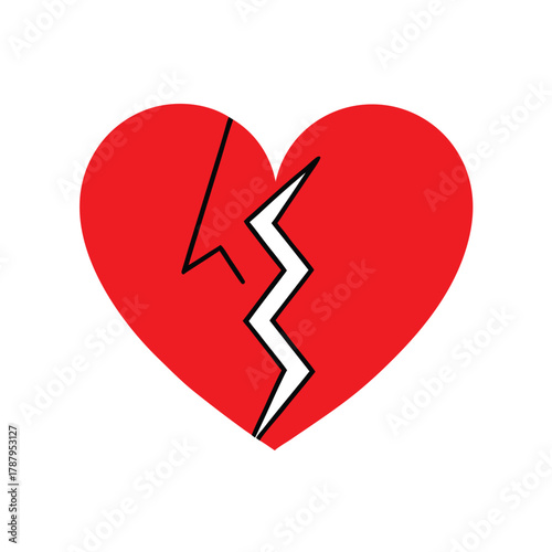 Illustration of a red broken heart with a jagged white crack isolated on white background