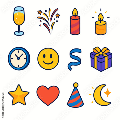 Festive Icon Collection. New Year Authentic Happiness modern flat icon set: champagne flute, fireworks, confetti burst, candle glow, clock face, smiling face, ribbon swirl, gift