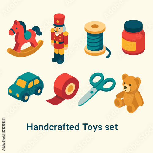 Handcrafted Christmas Toys. Christmas Handcrafted Toys modern flat icon set: rocking horse, nutcracker, spool of thread, paint jar, toy car, ribbon roll, scissors, wooden bear.
