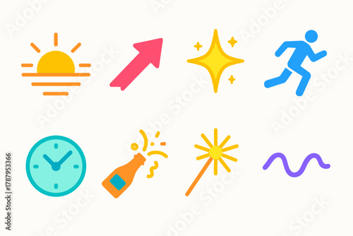 Vibrant Fresh Start Icons. Energetic Fresh Start modern flat icon set: sunrise, dynamic arrow, sparkling star, runner silhouette, clock, champagne pop, sparkler, wave line.