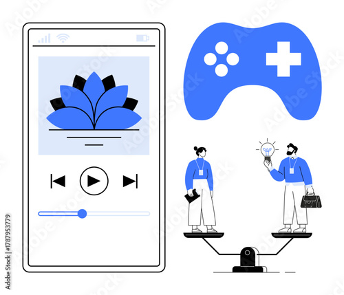 Smartphone interface with meditation app, game controller, two professionals balancing scale with idea bulb. Ideal for wellness, mindfulness, balance, teamwork, gaming, productivity modern
