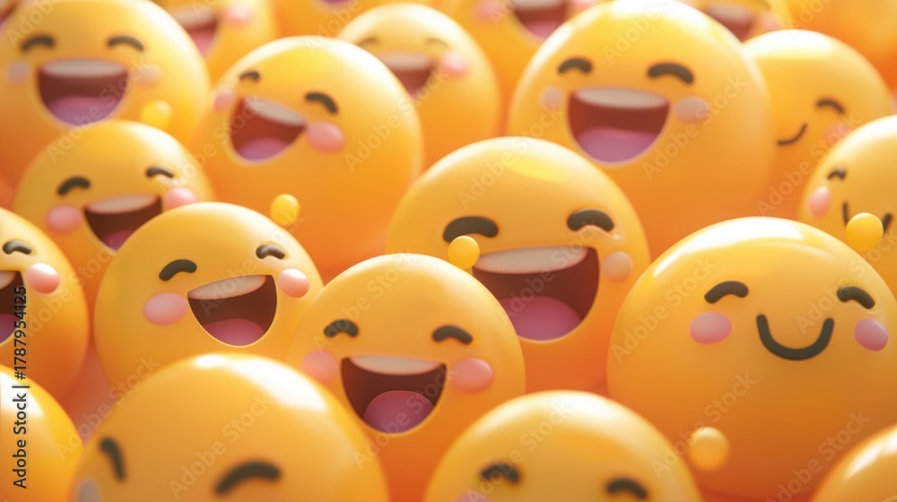 © Eireen - Happy yellow smiling and laughing faces with various face emotions and expressions on warm orange background