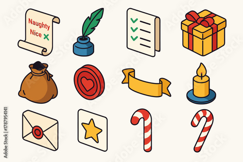 Festive Icon Set. Naughty or Nice List modern flat icon set: paper scroll, quill feather, ink jar, checklist marks, gift box, sack of coal, wax seal, parchment ribbon, candlelight,
