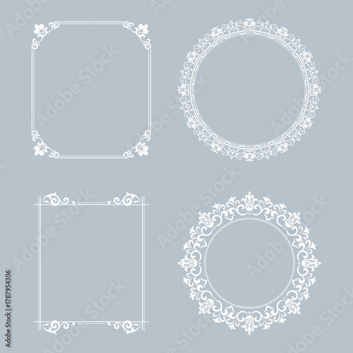 Set of decorative frames Elegant vector element for design in Eastern style, place for text. Floral gray and white borders. Lace illustration for invitations and greeting cards