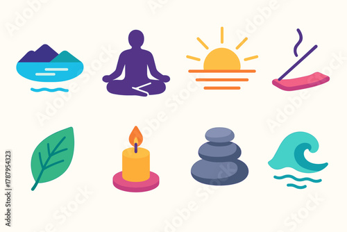 Tranquil Icon Set. Tranquil Moments modern flat icon set: still lake, meditating figure, sunrise, incense stick, leaf, candle, stone stack, soft wave.
