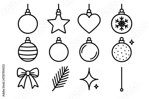 Festive Bauble Collection. Christmas Bauble Variety outline icon set: round ornament, star ornament, heart bauble, snowflake ball, striped bauble, metallic sphere, glass globe,