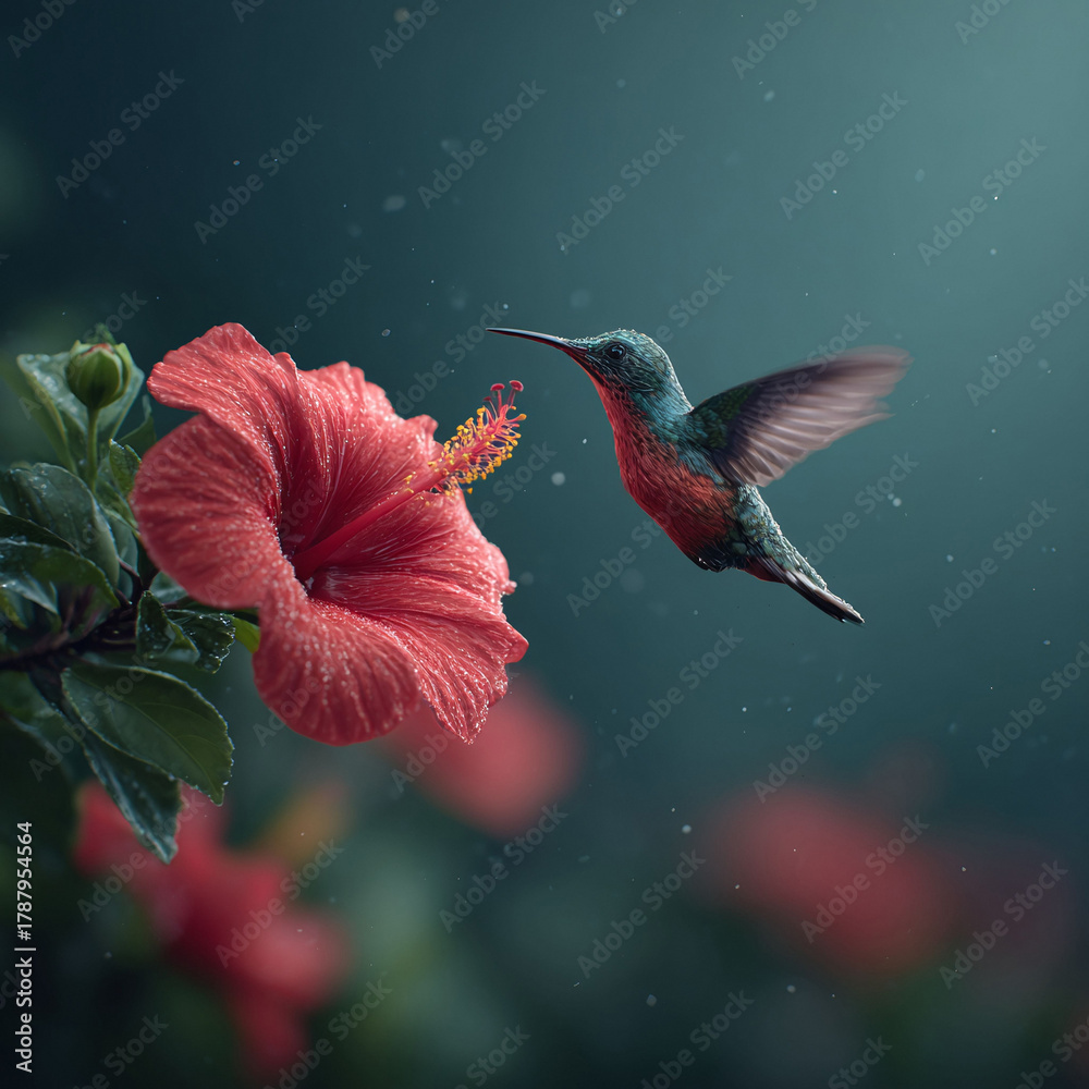 Fototapeta premium A vibrant hummingbird sips nectar from a blooming hibiscus. Symbolizing beauty, nature, and delicate balance. Perfect for projects needing a touch of elegance wonder.