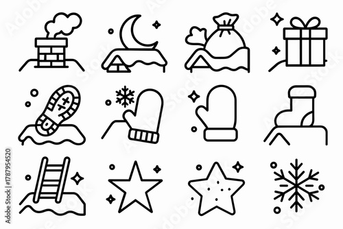 Chimney Christmas Icons. Chimney Visit outline icon set: brick chimney, smoke puff, rooftop, sack of gifts, boot print, moonlight, snow-covered roof, mitten, gift box, ladder,