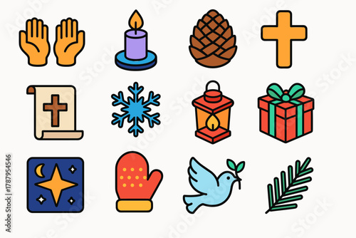 Sacred Winter Icons. Sacred Winter Giving modern flat icon set: open hands, candlelight, pinecone, cross symbol, holy scroll, snowflake design, lantern, wrapped gift, star in night