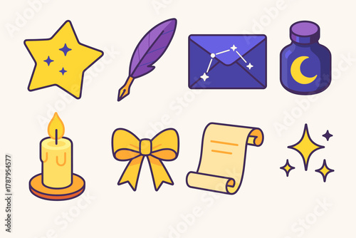 Celestial Wish Icons. Celestial Wish Notes modern flat icon set: star-shaped paper, quill pen, moon ink bottle, constellation envelope, glowing candle, ribbon, scroll, sparkles.