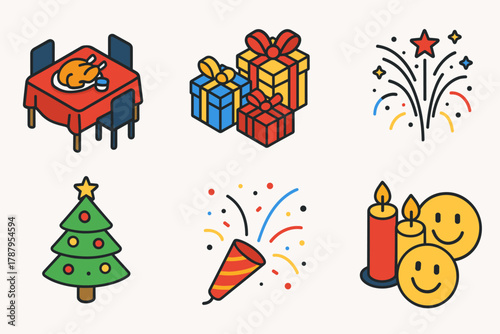 Festive Holiday Icons. Christmas & New Year Holiday Gatherings modern flat icon set: festive table, wrapped gifts, champagne glasses, fireworks, Christmas tree, confetti, candles,
