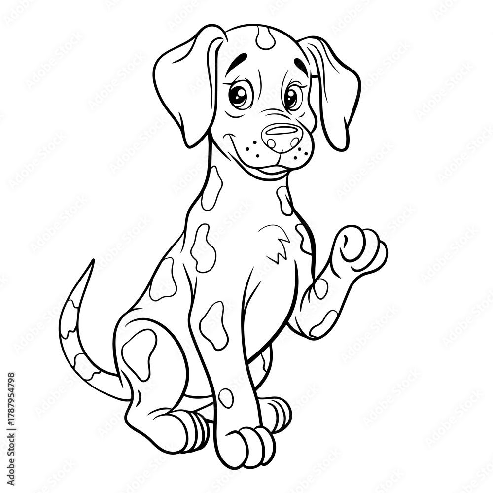 Fototapeta premium A cute dalmatian puppy. Isolated illustration of a dog on a white background in line art style. Illustration for coloring books and children's product design.