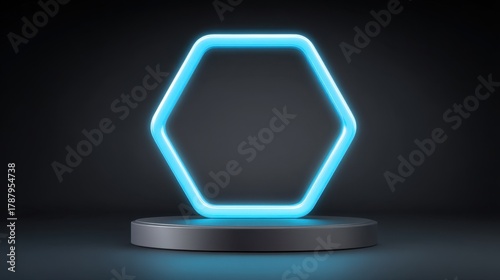 Fototapeta Naklejka Na Ścianę i Meble -  Futuristic Neon Hexagon Shape Display on Dark Background for Technology, Design, and Creative Presentations, 3D Rendered with Soft Lighting Effects