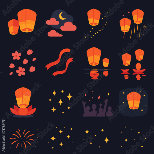 New Year Lantern Icons. Chinese New Year Sky Lanterns modern flat icon set: floating lanterns, moonlit clouds, glowing path, fireworks trails, cherry blossom petals, red ribbons,