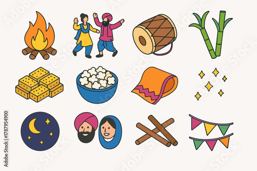 Lohri Celebration Icons. Lohri Bonfire Celebration modern flat icon set: blazing bonfire, dancing villagers, dhol drum, sugarcane sticks, sesame sweets, popcorn bowl, traditional