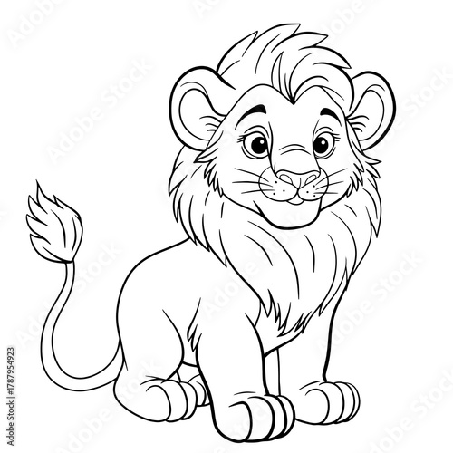 A cute little lion cub. Isolated illustration of a lion on a white background in line art style. Illustration for coloring books and children's product design.