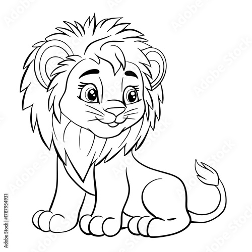 A cute little lion cub. Isolated illustration of a lion on a white background in line art style. Illustration for coloring books and children's product design.