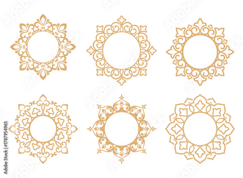 Set of decorative frames Elegant vector element for design in Eastern style, place for text. Floral golden and white borders. Lace illustration for invitations and greeting cards