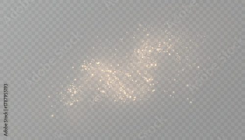 Golden shimmering particles and sparks of light dust on a transparent background. Suitable for festive designs, magical effects, glow effects, New Year's and wedding decorations.