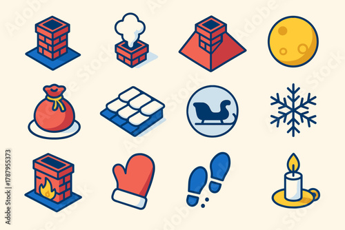 Winter Chimney Icons. Chimney Visit modern flat icon set: brick stack, chimney smoke, rooftop view, full moon, gift bag, snowy tiles, sleigh silhouette, snowflake, cozy fire,